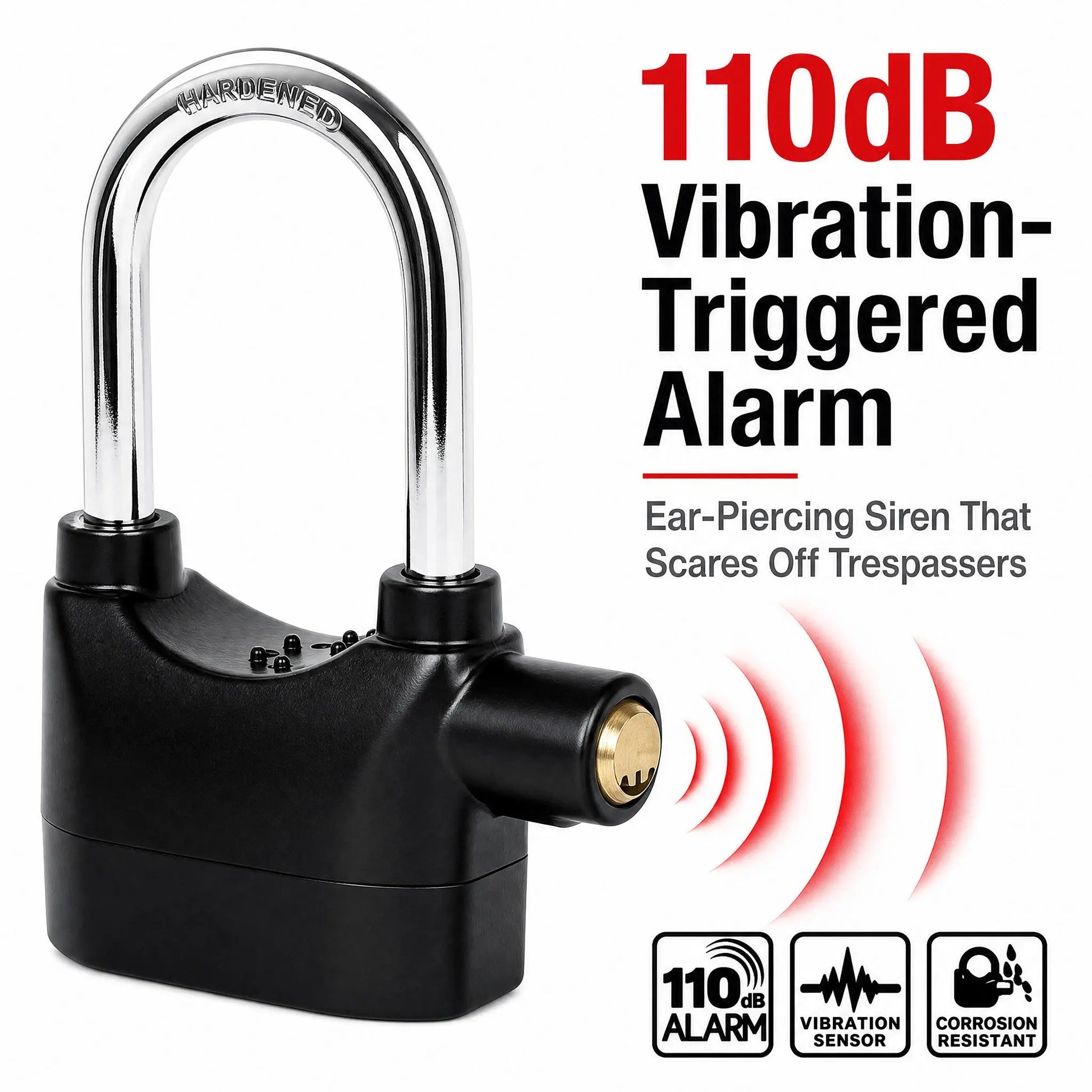 Anti-Theft Alarm Padlock with Lock Hasps, Aluminum Alloy Material，110Db Loud Siren, Heavy Duty Weatherproof Security Lock, Key/Combination Access, Vibration-Triggered Alarm for Bikes, Gates, Outdoor Use