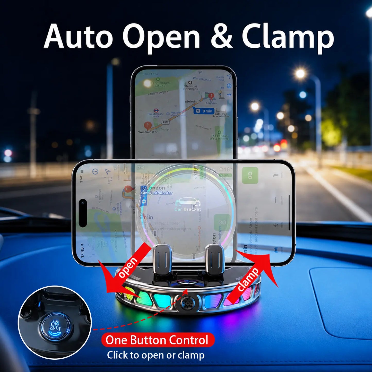 Magnetic Wireless Charging Car Phone Mount, 360° Rotating Auto-Lock Holder with RGB Ambient Light, Ultra Strong Vacuum Suction Dashboard Mount for Iphone & Android,Car Accessories for Girls