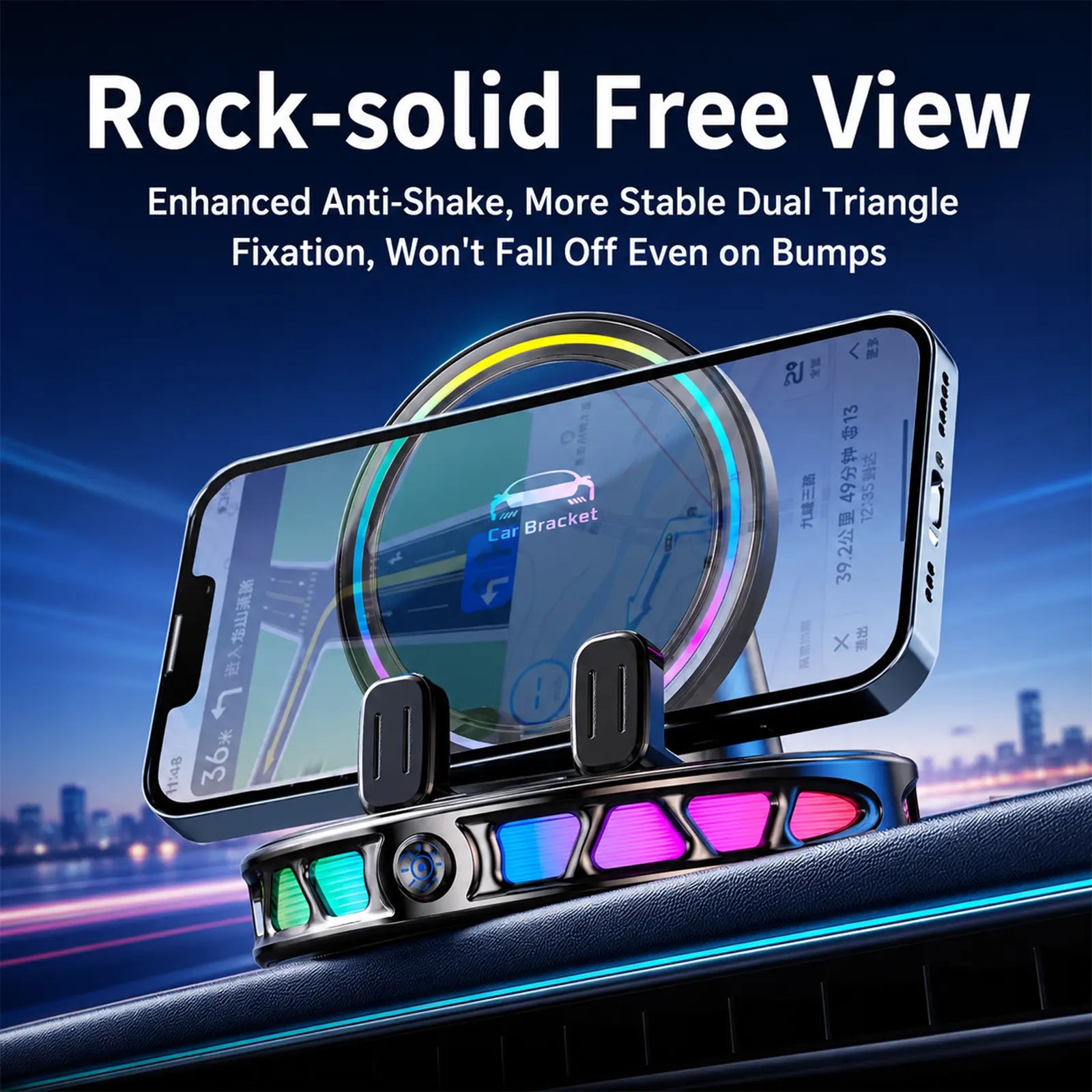 Magnetic Wireless Charging Car Phone Mount, 360° Rotating Auto-Lock Holder with RGB Ambient Light, Ultra Strong Vacuum Suction Dashboard Mount for Iphone & Android,Car Accessories for Girls