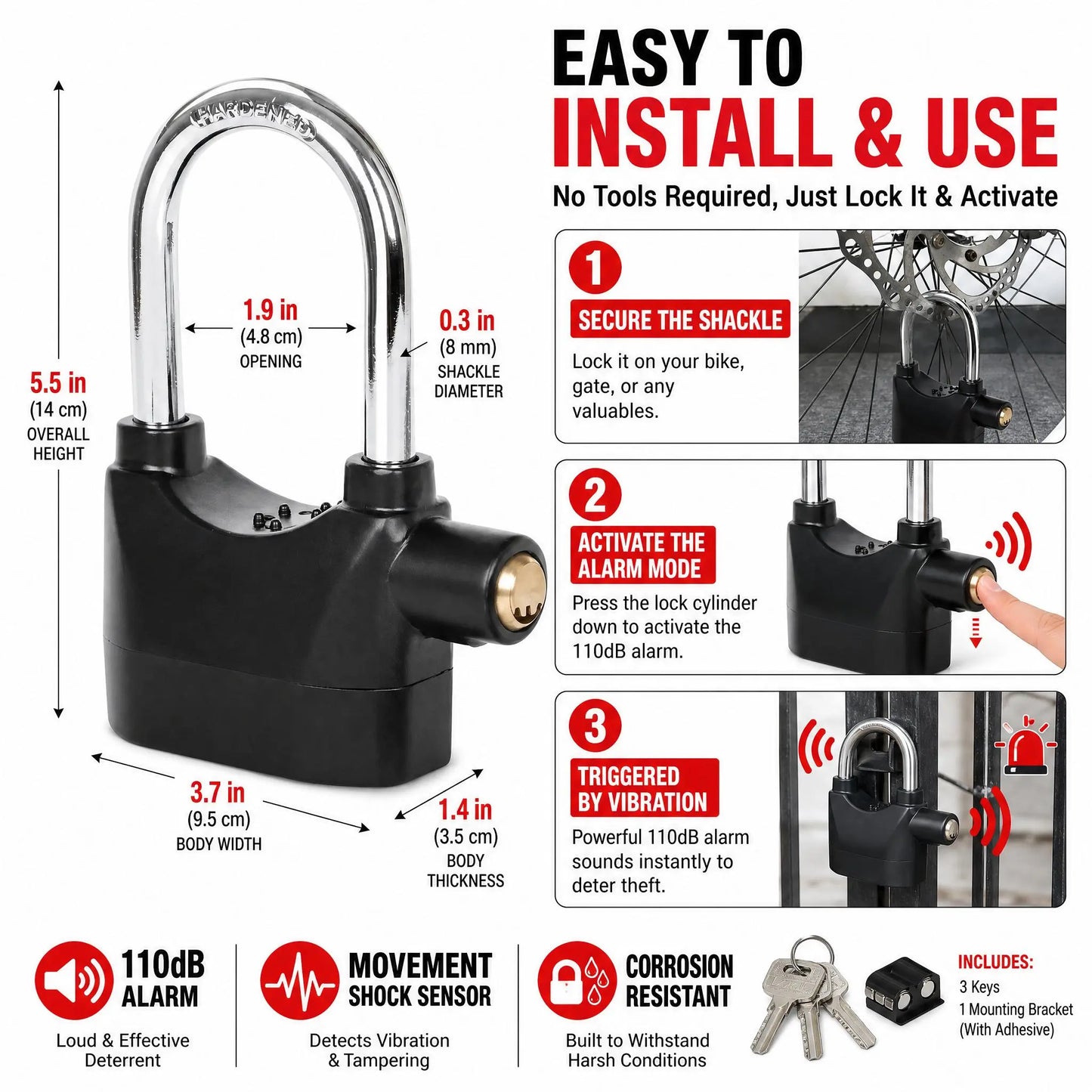 Anti-Theft Alarm Padlock with Lock Hasps, Aluminum Alloy Material，110Db Loud Siren, Heavy Duty Weatherproof Security Lock, Key/Combination Access, Vibration-Triggered Alarm for Bikes, Gates, Outdoor Use