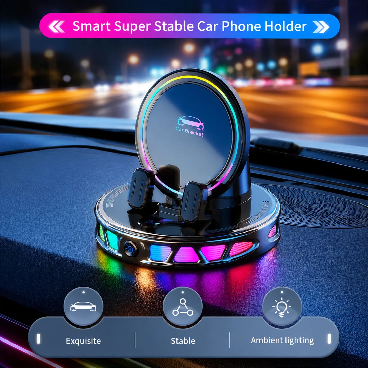 Magnetic Wireless Charging Car Phone Mount, 360° Rotating Auto-Lock Holder with RGB Ambient Light, Ultra Strong Vacuum Suction Dashboard Mount for Iphone & Android,Car Accessories for Girls