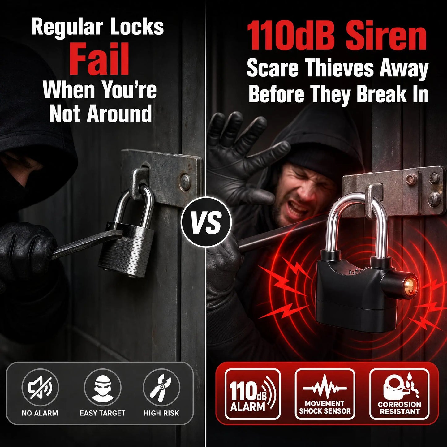 Anti-Theft Alarm Padlock with Lock Hasps, Aluminum Alloy Material，110Db Loud Siren, Heavy Duty Weatherproof Security Lock, Key/Combination Access, Vibration-Triggered Alarm for Bikes, Gates, Outdoor Use