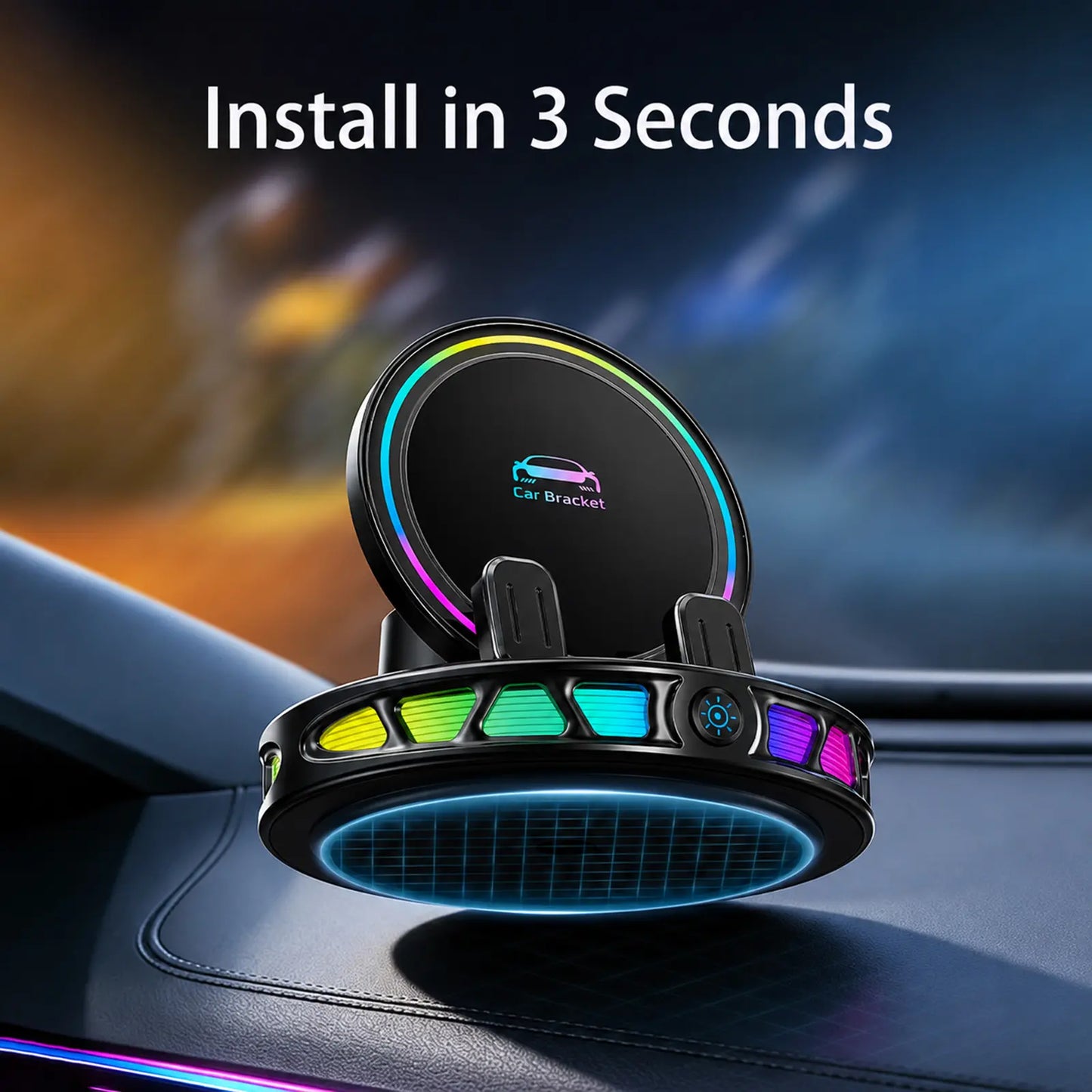 Magnetic Wireless Charging Car Phone Mount, 360° Rotating Auto-Lock Holder with RGB Ambient Light, Ultra Strong Vacuum Suction Dashboard Mount for Iphone & Android,Car Accessories for Girls