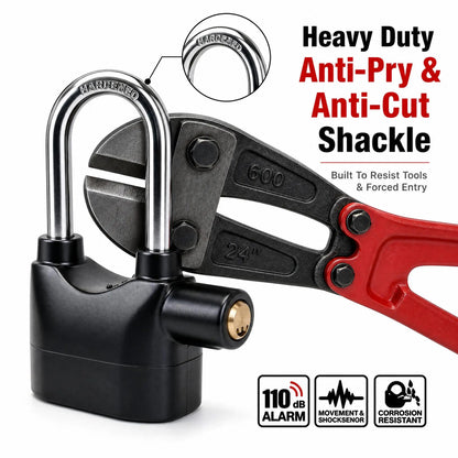 Anti-Theft Alarm Padlock with Lock Hasps, Aluminum Alloy Material，110Db Loud Siren, Heavy Duty Weatherproof Security Lock, Key/Combination Access, Vibration-Triggered Alarm for Bikes, Gates, Outdoor Use